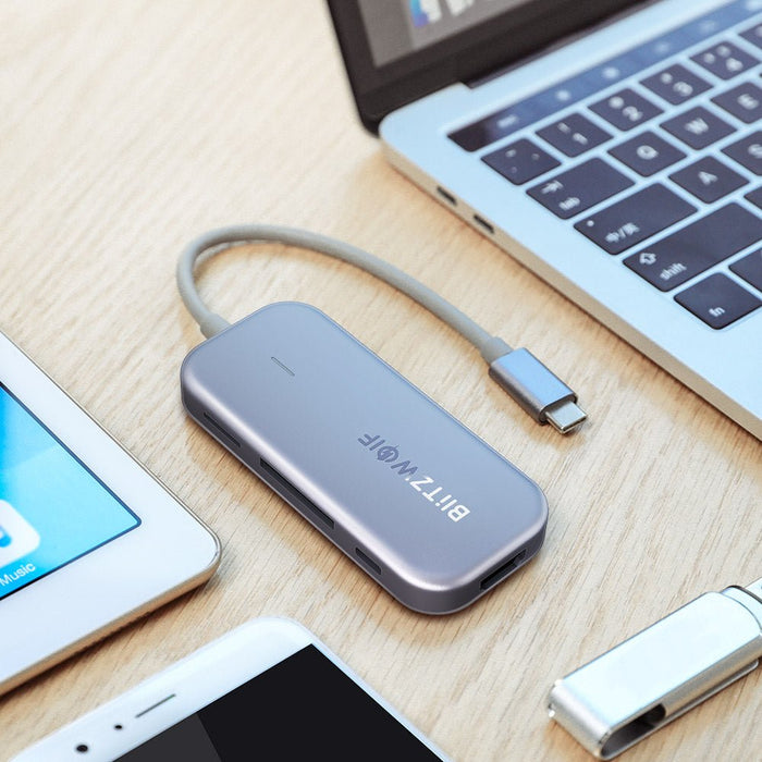 BlitzWolf BW-TH5 7-in-1 USB-C Data Hub - 3-Port USB 3.0, TF Card Reader, USB-C PD Charging, 4K Display - Ideal for MacBooks, Notebooks, and Pros - Shopsta EU